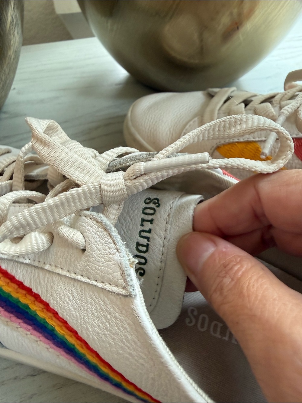 Soludos Ibiza White Leather Low-Top Sneakers with Rainbow Stripe and Sunburst - Picture 4 of 7